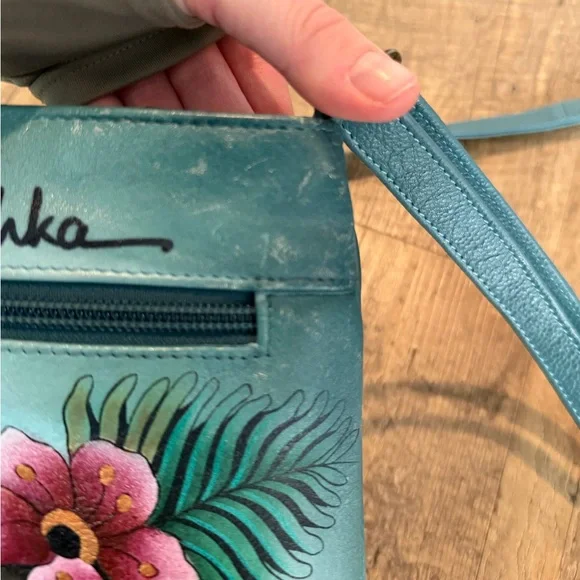 Anuschka Peacock Hand-Painted Blue Floral Crossbody Bag - Picture 11 of 15